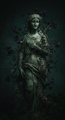 Statue of a Woman with Roses in a Dark Garden