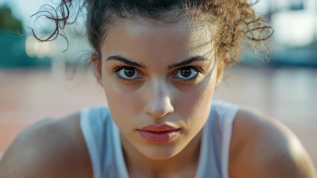 Young female athlete wearing sports uniform, looking focused.