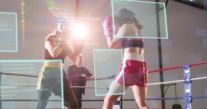 Left boxer feinting, right boxer countering jabs, blocking for boxing, coach watching AR overlaying