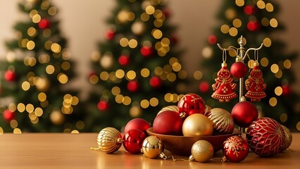 Festive Christmas Decorations with Ornaments and Trees in the Background
