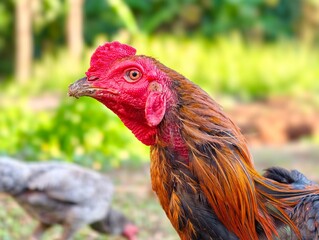 Close-up image of a rooster in the morning while in the garden of Sampir Village, Serang Regency, Banten Province, Indonesia