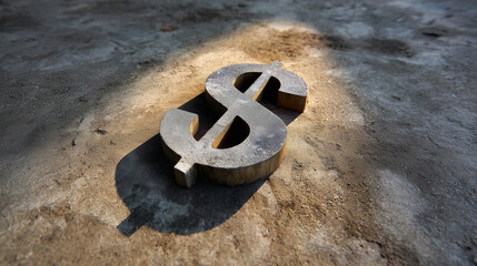 Silver dollar sign positioned on a rustic surface, capturing light and shadows, symbolizing finance, wealth, and economic themes in a unique perspective