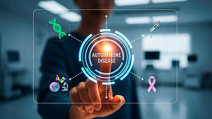 Person touching a futuristic screen of medical icons for the concept of medical technology.