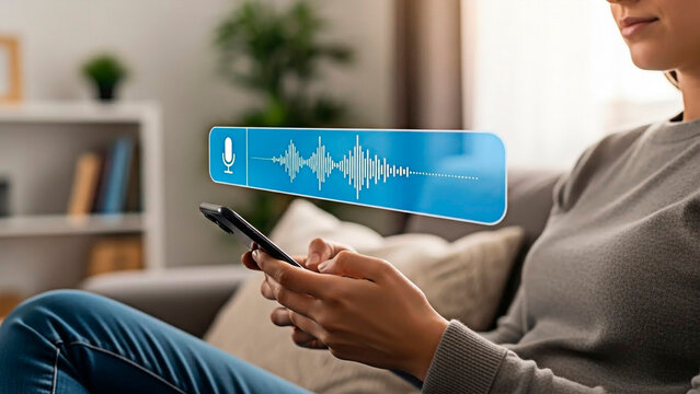 Smart voice control for a woman with phone for the concept of voice assistant.