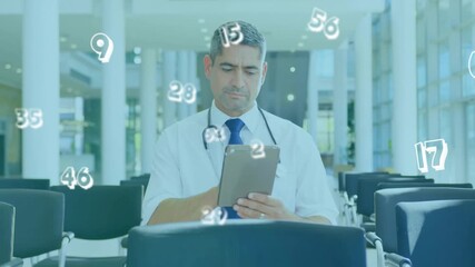 Doctor tapping tablet and initiating floating numeric overlays overlapping tablet, reviewing data