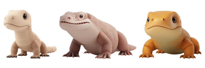 Three Adorable Pastel 3d Cartoon Komodo Dragon Lizards Isolated on White