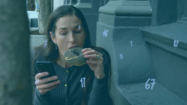 Woman sitting stoop phone glance starting checking texts biting bagel overlay floating showing tech