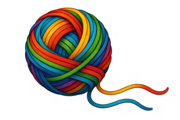 Rainbow yarn ball illustration unwinding, depicting colorful wool thread for knitting and craft hobby creativity