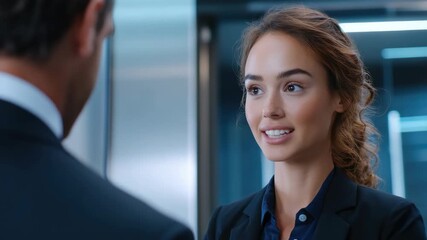 Actress dressed professionally, smiling during office conversation.