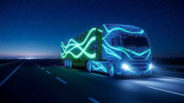 Futuristic concept of a semi-truck on the road at night for the concept of transport technology.