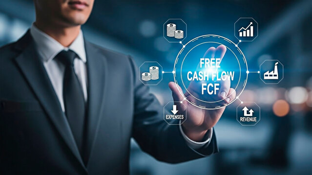 Businessman pointing to the free cash flow icon for the concept of business.