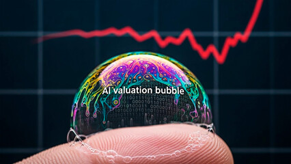 A close-up of a bubble, with an AI valuation bubble inscription against a financial chart in the background for the concept of finance.