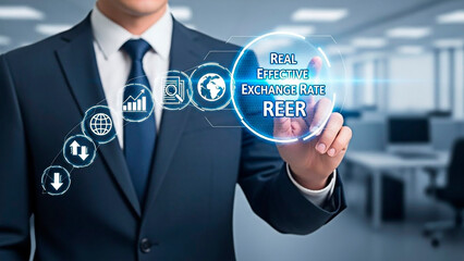 A businessman pointing at REER icon for the concept of Real effective exchange rate.