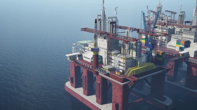 Massive offshore installation conducting fossil fuel exploitation in blue ocean. Maritime steel structure equipped with drilling machinery and shipping containers for subsea operations