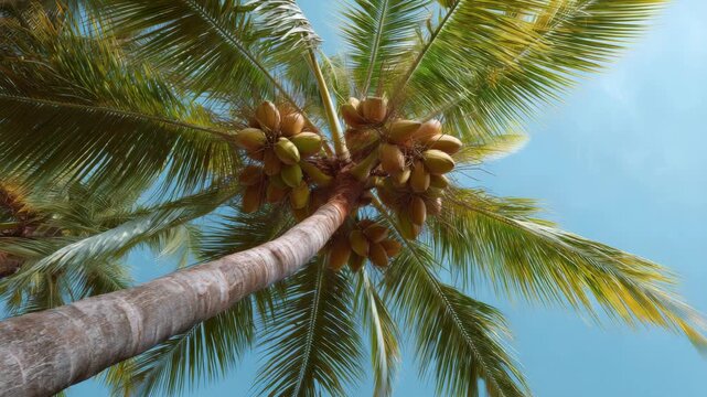Lush tropical palms with coconuts at the top