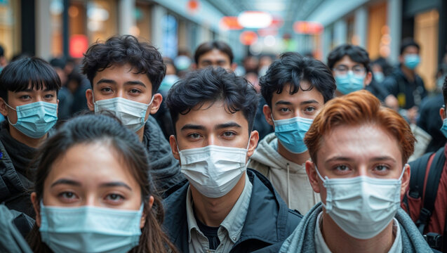 People wearing face masks in a crowd, protecting against illness