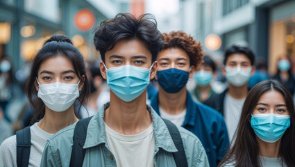 Group of young people wearing face masks in a crowded public space