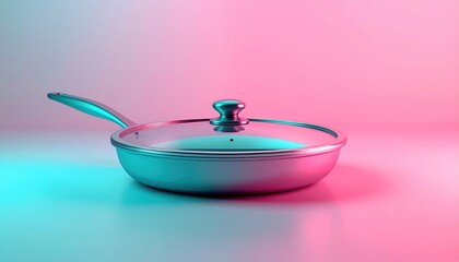 Sleek Silver Frying Pan with Glass Lid in Neon Lighting.