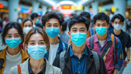 Group of people wearing face masks in a public place during the pandemic