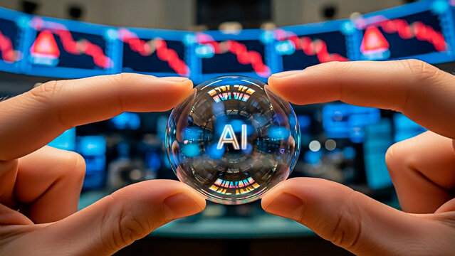 A hand holding AI and technology on a virtual background for the concept of business.