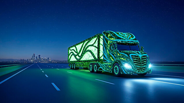 Futuristic self-driving truck on the road, modern transport technology concept.