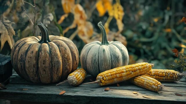 Vibrant pumpkins and corn on the cob arranged in an outdoor setting for fall decoration.
