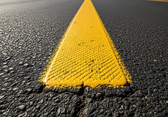 Close-up view of a yellow road marking on a dark asphalt surface, showing texture and detail.