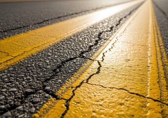 Close-up view of a cracked asphalt road surface with yellow painted lines, showing damage.