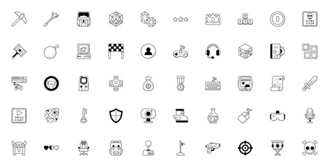 Gaming icon set. Vector pixel art icons collection. ncludes symbols for gamepa, console, sword, treasurechest, coins, keyboard, VR skull and more.