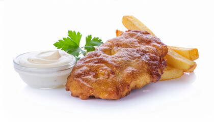 Crispy, golden-fried fish fillet with thick-cut chips and a small glass bowl of creamy tartar sauce, garnished with fresh parsley on a white background.