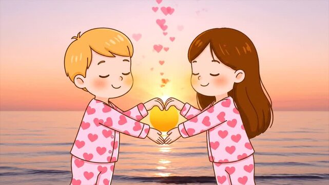 Adorable Cartoon Couple Wearing Heart Pattern Valentine Day Pajamas Expressing Love with Heart Hands Against a Romantic Sunset Ocean Backdrop