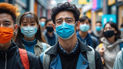 People wearing face masks in a crowded urban environment