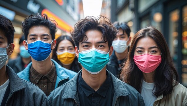 Group of diverse people wearing face masks in a city during the pandemic