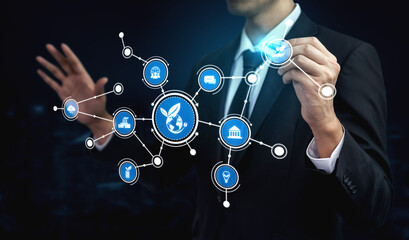 A professional businessman displays a digital connection graphic, symbolizing modern technology, innovation, and data visualization in a corporate environment. Tessel