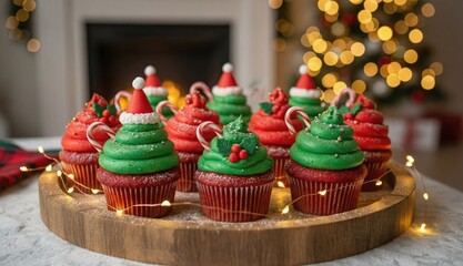 Festive red velvet cupcakes decorated with green frosting Christmas trees and Santa hats on a wooden tray with string lights, set against a blurred holiday background.