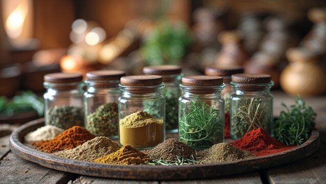 Assortment of colorful spices and herbs in jars on a wooden tray
