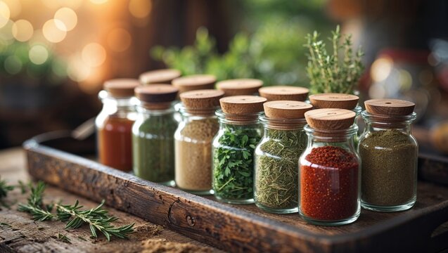 Assortment of herbs and spices in glass jars on a wooden tray