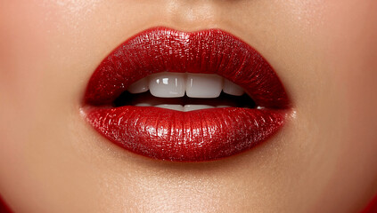 Close up shiny red lips with festive bokeh background