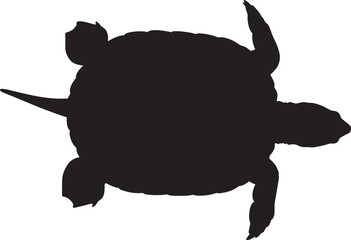 Isolated top view silhouette of a sea turtle on a white background, symbolizing patience, wisdom, aquatic life journey