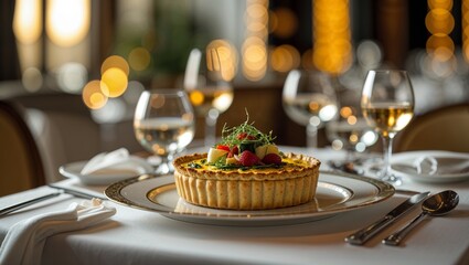 Elegant quiche with fresh fruit and wine glasses on a restaurant table