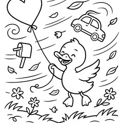 Naklejka premium Duck with Balloon: A cheerful duckling with a heart-shaped balloon, a mailbox, and a car, creating a whimsical scene with leaves and flowers.