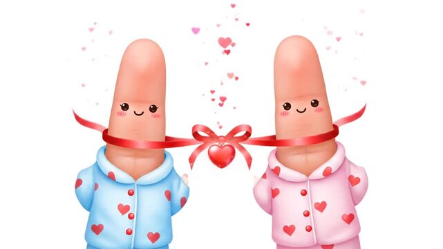 Adorable Finger Puppet Couple in Valentine Day Pajamas with Ribbon and Glowing Heart, Symbolizing Love and Connection on White Background