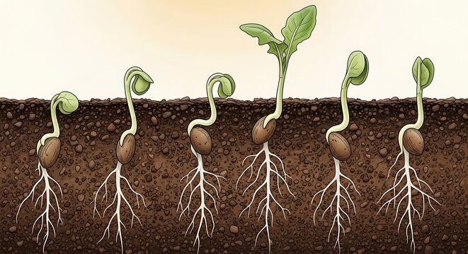 Plant growth stages from seed to seedling with roots in soil, illustrating germination process.