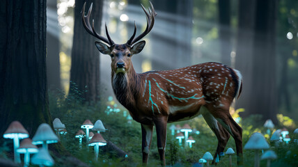 Spotted deer with antlers in a magical forest with glowing mushrooms.
