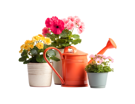 Vibrant Potted Flowers and Orange Watering Can on a transparent background