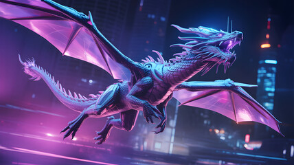 Cyberpunk dragon soars through futuristic neon city at night.