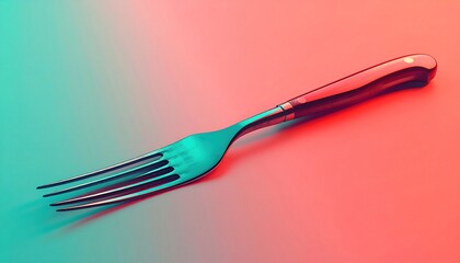 A single metal fork illuminated by vibrant neon lights.