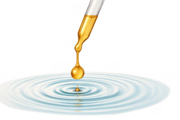 Dropper releasing a golden drop of oil into water surface, creating circular ripples. Concept of skincare, hydration, and natural beauty