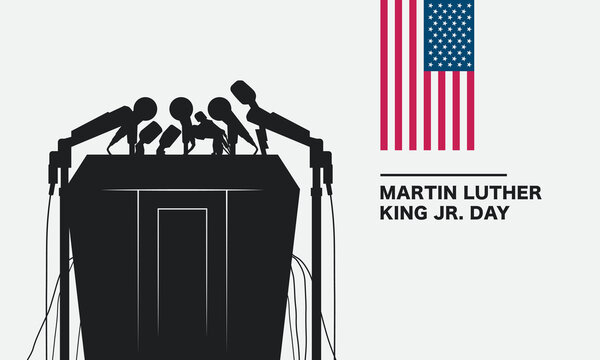 MLK Day banner design with USA flag and podium silhouette.