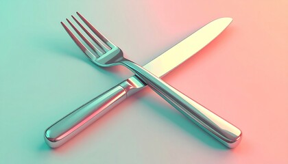 Stylish metallic fork and knife crossed under vibrant duotone lighting.
